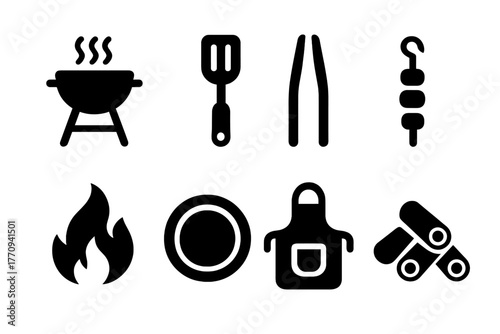 Grilling Essentials Icons. Grilling essentials. Filled icon set of grilling essentials: barbecue grill,