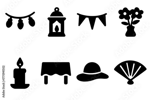 Decorative Icon Set. Decorations. Filled icon set of decorations: string lights, lantern, banner, flower vase,