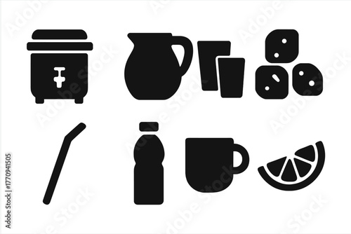 Beverage Station Icons. Beverage station. Filled icon set of beverage station: cooler, jug, glasses, ice cubes