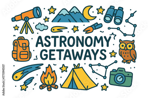 Astronomy Adventure Doodles. Astronomy Getaways. Hand-drawn doodle illustration of astronomy getaways.