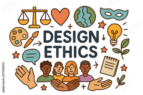 Design Ethics Doodle. Design Ethics. Hand-drawn doodle illustration of design ethics. Scales, heart, globe,