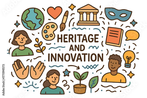 Heritage Meets Innovation. Heritage and Innovation. Hand-drawn doodle illustration of heritage and innovation.
