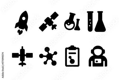Space Experiment Icons. Space experiments. Filled icon set of space experiments: rocket, satellite, floating