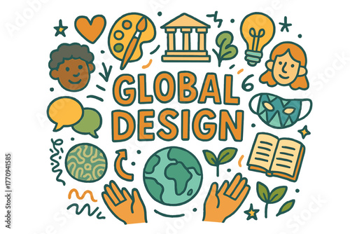 Global Design Doodle. Global Design. Hand-drawn doodle illustration of global design. Globe, diverse people,