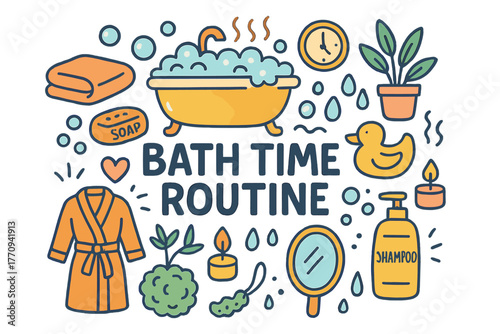 Bath Time Icons. Bath Time Routine. Hand-drawn doodle illustration of bath time routine. Bathtub, towel, soap,
