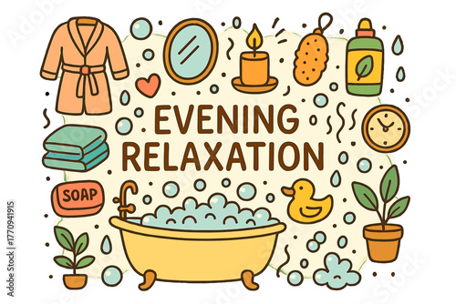 Evening Bath Rituals. Evening Relaxation. Hand-drawn doodle illustration of evening relaxation. Bathtub, towel