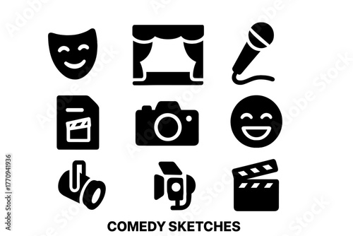 Comedy Sketch Icons. Comedy sketches. Filled icon set of comedy sketches: theater mask, stage, microphone,