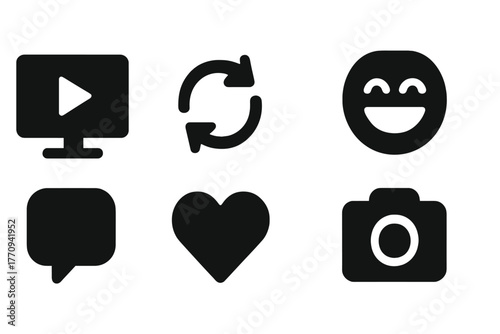 GIF Content Icons. GIF content. Filled icon set of GIF content: computer screen, play button, loop icon,