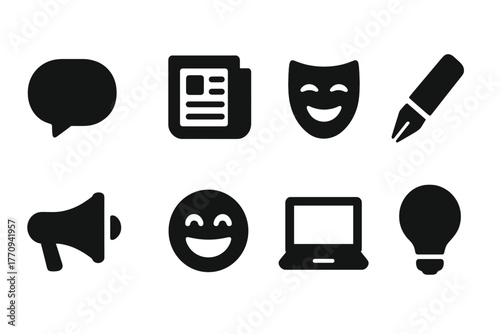 Satirical Icon Set. Satire content. Filled icon set of satire content: speech bubble, newspaper, comedy mask,