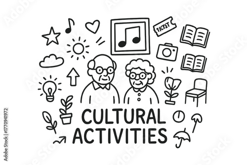 Cultural Doodle Scene. Cultural events. Hand-drawn doodle illustration of cultural events. In the middle, one