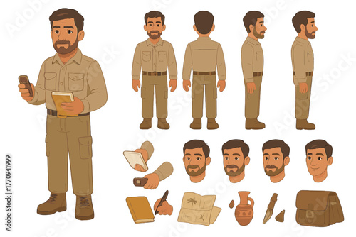 Anthropologist Character Setup. Cartoon realistic vector illustration, Character constructor style, isolated