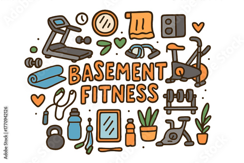 Basement Fitness Doodle. Basement Fitness. Hand-drawn doodle illustration of basement fitness. Treadmill,