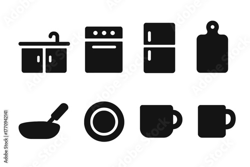 Family Kitchen Icons. Family kitchen. Filled icon set of family kitchen: kitchen counter, stove, oven, fridge,