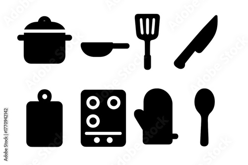Home Cooking Icons. Cooking at home. Filled icon set of cooking at home: pot, pan, spatula, knife, cutting