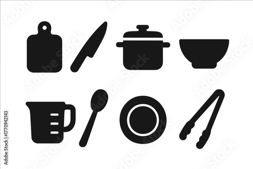 Meal Prep Icons. Meal prep. Filled icon set of meal prep: cutting board, knife, pot, bowl, measuring cup,