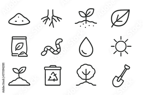 Soil Fertility Icons. Soil fertility. Line outline icon set of soil fertility: soil, roots, plant, leaf,