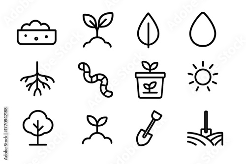 Organic Farming Icons. Organic farming. Line outline icon set of organic farming: soil, plant, leaf, water