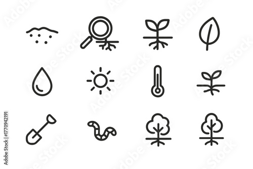 Soil Monitoring Icons. Soil monitoring. Line outline icon set of soil monitoring: soil, magnifying glass,