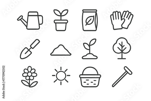 Plant Care Icons. Plant care. Line outline icon set of plant care: watering can, plant, fertilizer bag, gloves