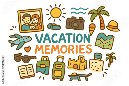 Vacation Memories Doodles. Vacation Memories. Hand-drawn doodle illustration of vacation memories. Family,