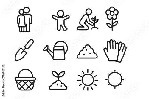 Home Garden Icons. Home garden fun. Line outline icon set of home garden fun: family, child, parent, plant,