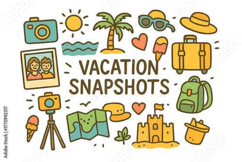 Vacation Doodle Montage. Vacation Snapshots. Hand-drawn doodle illustration of vacation snapshots. Camera,