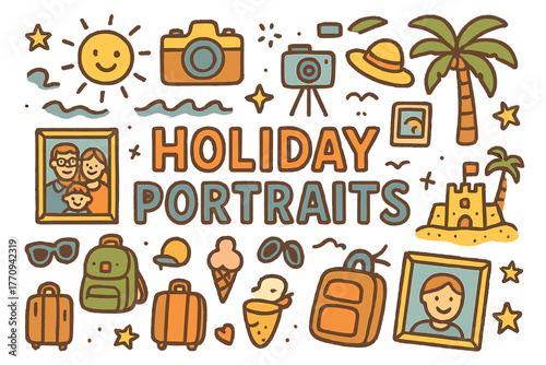 Holiday Doodle Collage. Holiday Portraits. Hand-drawn doodle illustration of holiday portraits. Family, camera