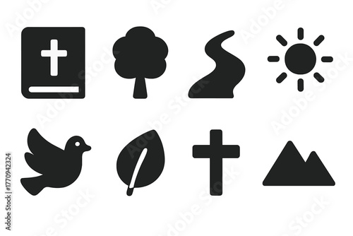 Faith and Nature Icons. Faith and nature. Filled icon set of faith and nature: Bible, tree, river, sun, dove,
