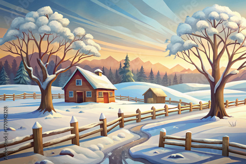 Rustic countryside covered in snow with wooden fence and bare trees in soft light