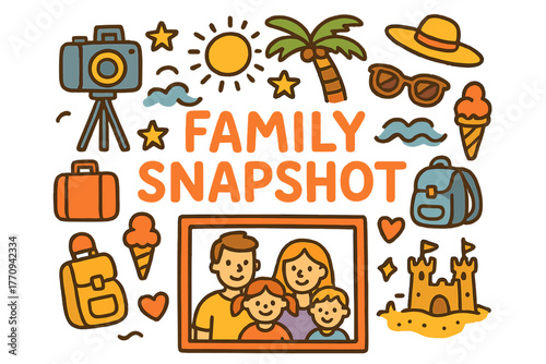 Doodle Family Vacation. Family Snapshot. Hand-drawn doodle illustration of family snapshot. Camera, tripod,