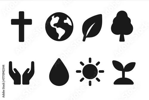 Faith and Ecology Icons. Faith and ecology. Filled icon set of faith and ecology: cross, globe, leaf, tree,