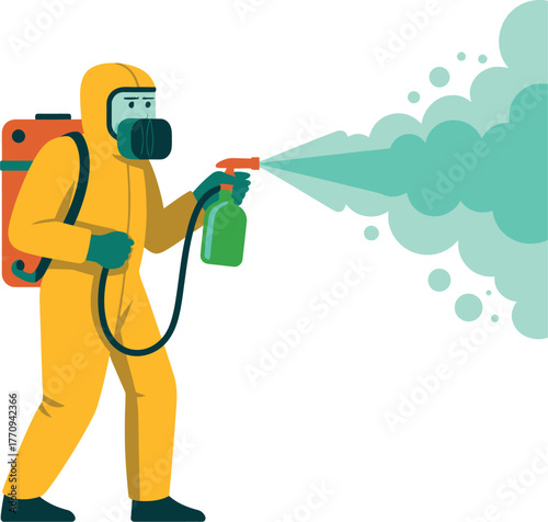 A person in a protective suit sprays disinfectant, symbolizing sanitation and hygiene.