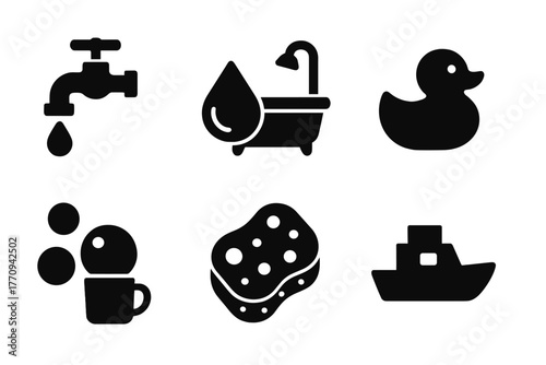 Water Play Icons. Water play. Filled icon set of water play: faucet, bathtub, water droplet, rubber duck,