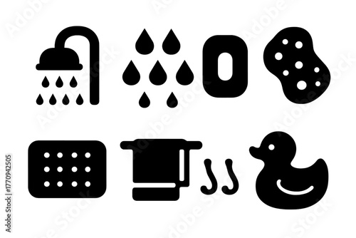 Shower Icons Set. Shower time. Filled icon set of shower time: showerhead, water droplets, soap, sponge, bath