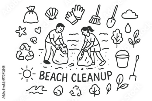 Beach Cleanup Doodle. Beach cleanup. Hand-drawn doodle illustration of beach cleanup. In the middle, one