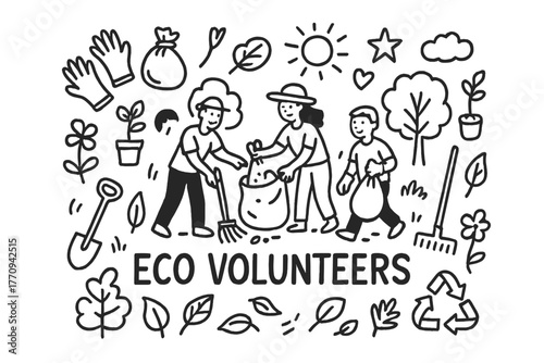 Eco Volunteering Doodles. Eco volunteering. Hand-drawn doodle illustration of eco volunteering. In the middle,
