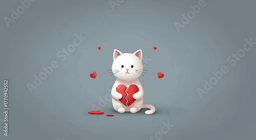 Sad White Kitten Character Holding a Broken Heart – Soft 3D Clay Style Illustration of Unrequited Love or Breakup