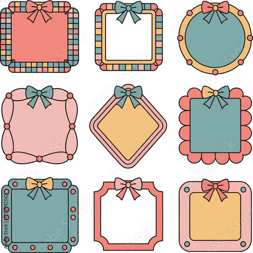 A collection of decorative frames with bows in pastel colors.