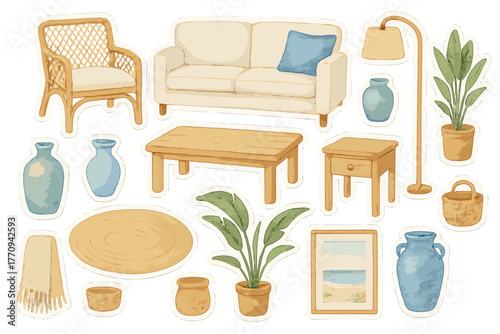 Coastal Interior Stickers. Coastal interior vibes. Realistic hand-painted watercolor style sticker sheet of