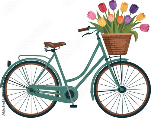 A vintage bicycle is adorned with a basket full of colorful tulips.