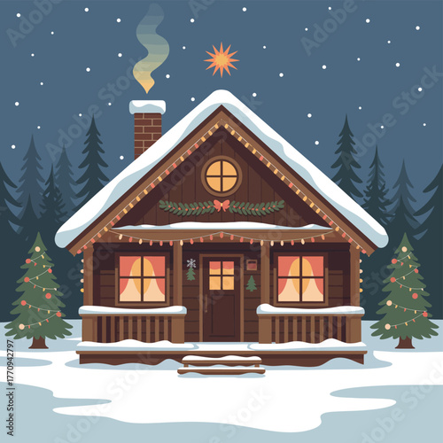 A cozy, snow-covered cabin is illuminated by festive Christmas lights and warm interior glow.