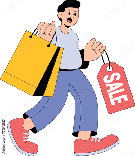 A person happily carries shopping bags with a sale tag while walking.