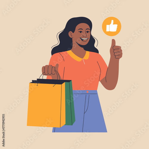 Woman holding shopping bags gives a thumbs up with a positive review icon.