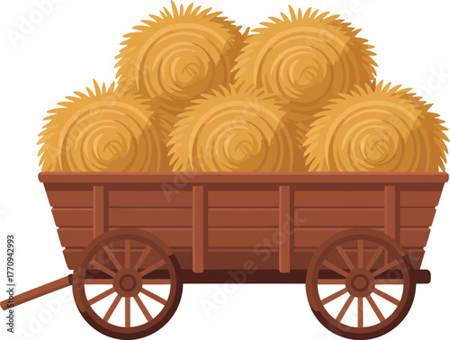 Wooden cart filled with round hay bales against a white background.
