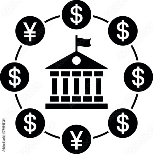 A central building representing finance is surrounded by currency symbols in a circular arrangement.
