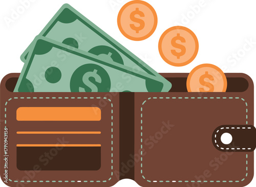 A brown leather wallet is filled with green dollar bills and orange coins.