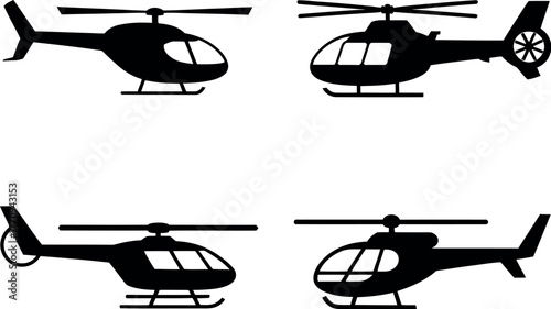 A collection of four distinct helicopter silhouettes against a white background.