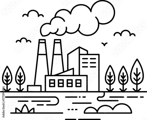 An industrial factory with smokestacks releasing smoke into the sky surrounded by trees and water.