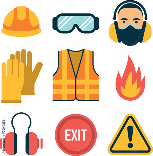 A collection of safety equipment and warning signs for industrial work environments.