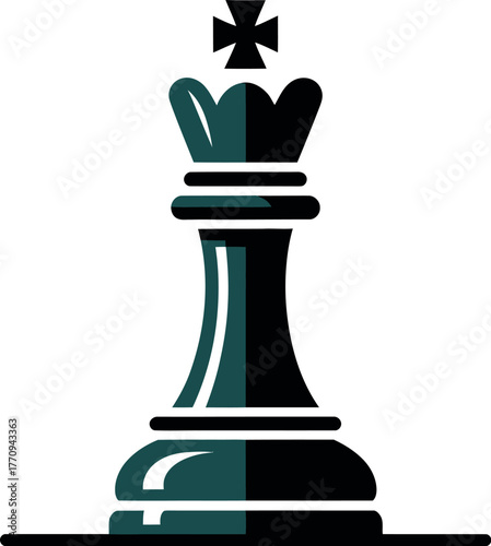 A dark green and black chess king piece stands tall on a white background.